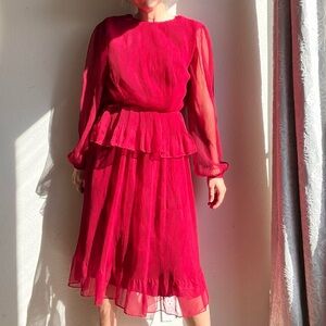 Miss Elliette Vintage 1970s Pleated Chiffon Red Peplum Dress